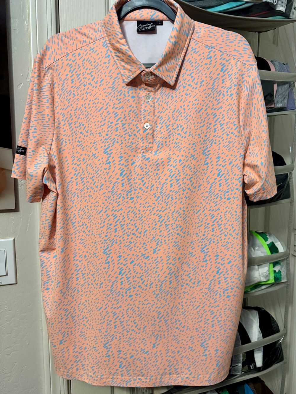 Sunday Swagger Men’s Peach/Blue Printed Polo Shirt - Size Large NWOT